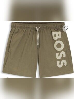 Hugo BOSS Octopus Quick-Dry Swim Shorts w/Vertical Logo Print Light Brown Sz L